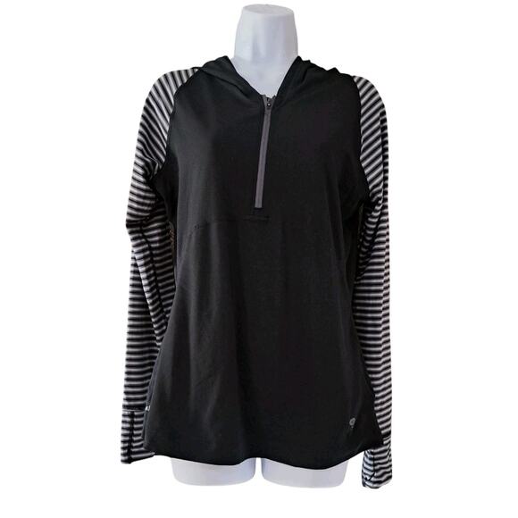 Mountain Hardwear Tops - Mountain Hardware Womens Sz L Hooded Top 1/4 Zip Athletic Black Striped Outdoors